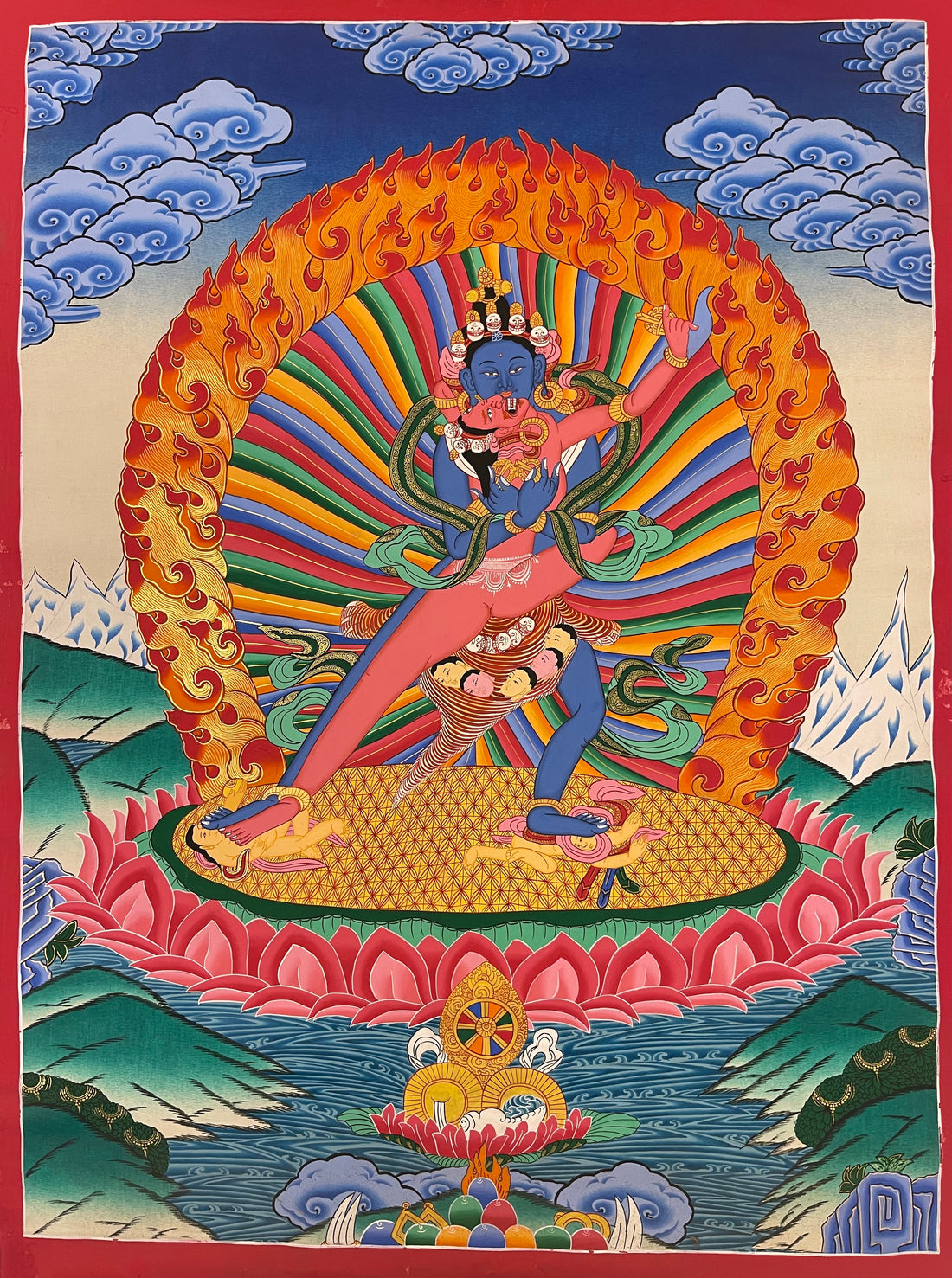 Chakrasamvara thangka, 65×88 cm: blue Chakrasamvara in union with red Vajravarahi before a rainbow halo and an arch of flames