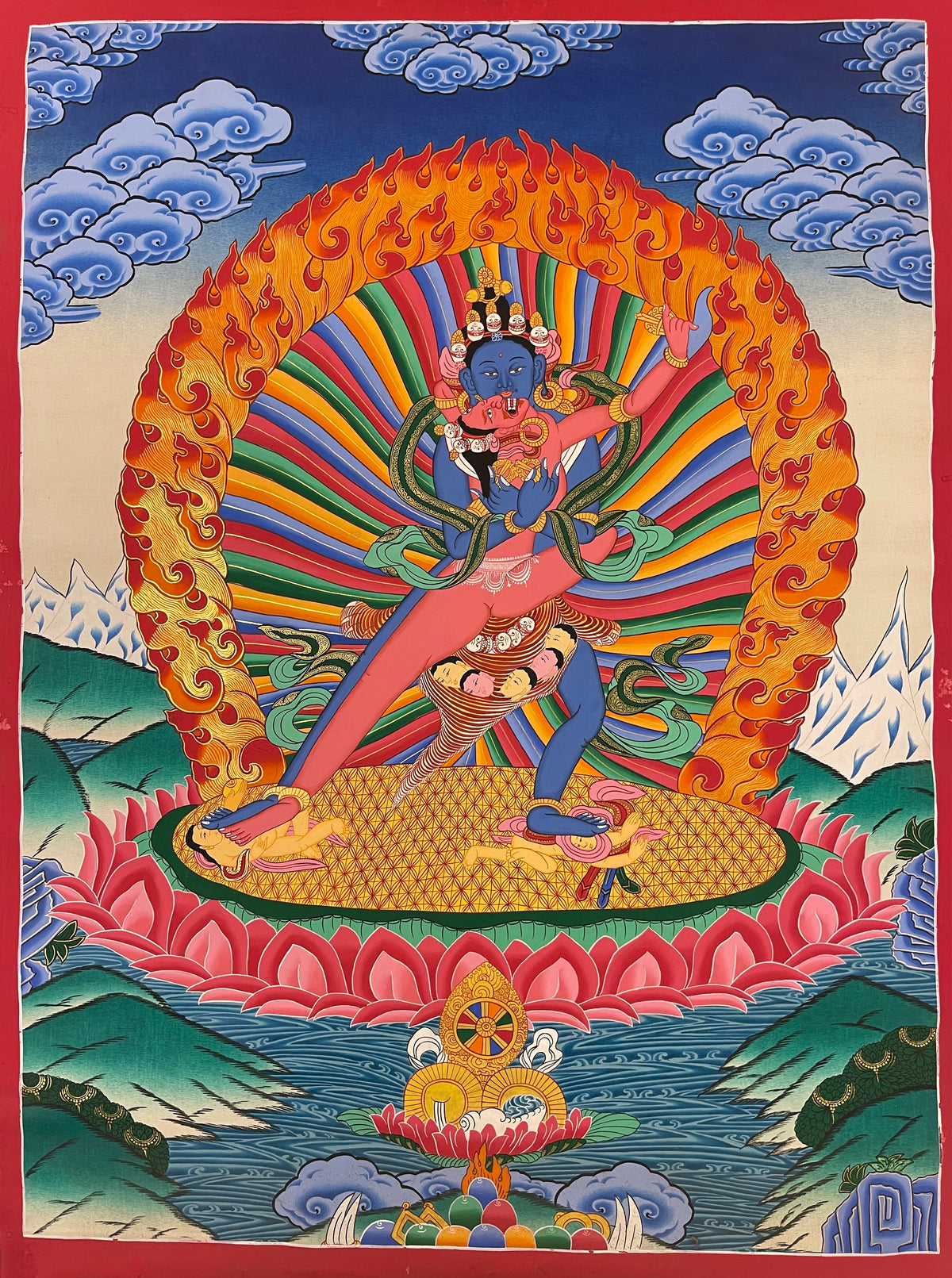 Chakrasamvara thangka, 65×88 cm: blue Chakrasamvara in union with red Vajravarahi before a rainbow halo and an arch of flames