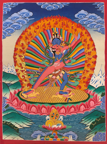 Chakrasamvara thangka, 65×88 cm: blue Chakrasamvara in union with red Vajravarahi before a rainbow halo and an arch of flames