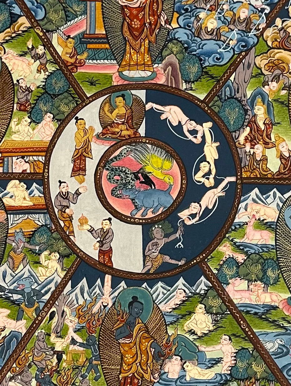 Wheel of Life thangka, 40×61 cm: red Yama holding the Wheel of Life on a gold-coloured ground, framed by a border of dragons