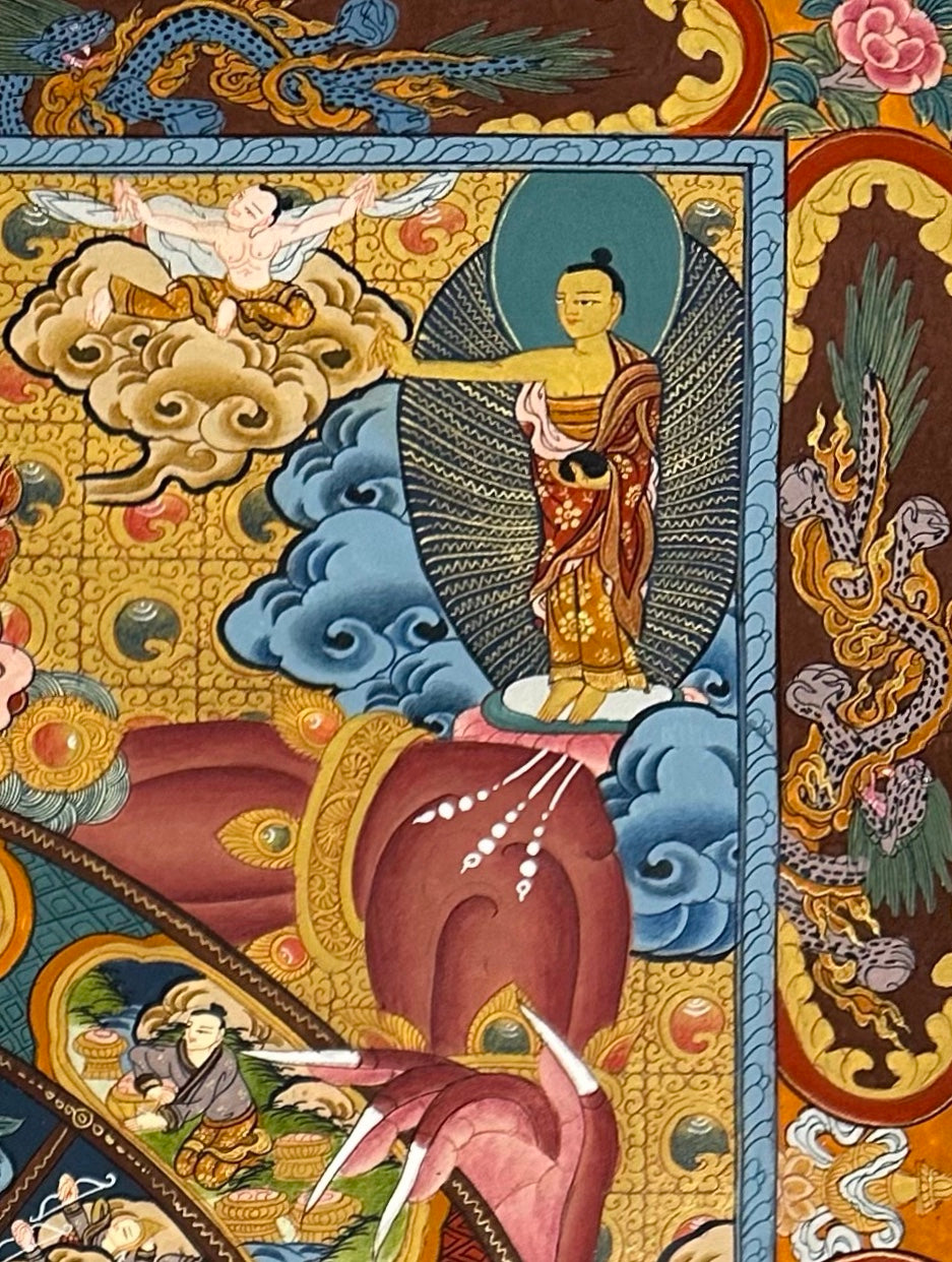Wheel of Life thangka, detail: top-right corner