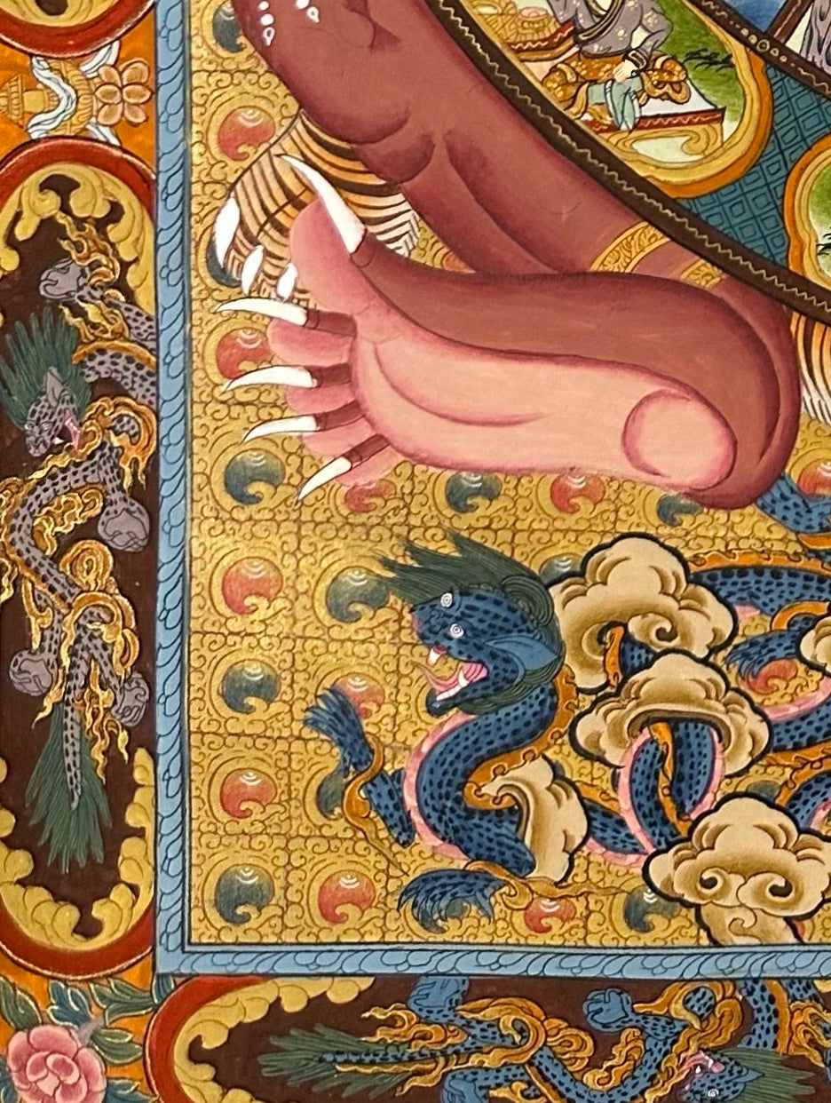Wheel of Life thangka, detail: bottom-left corner