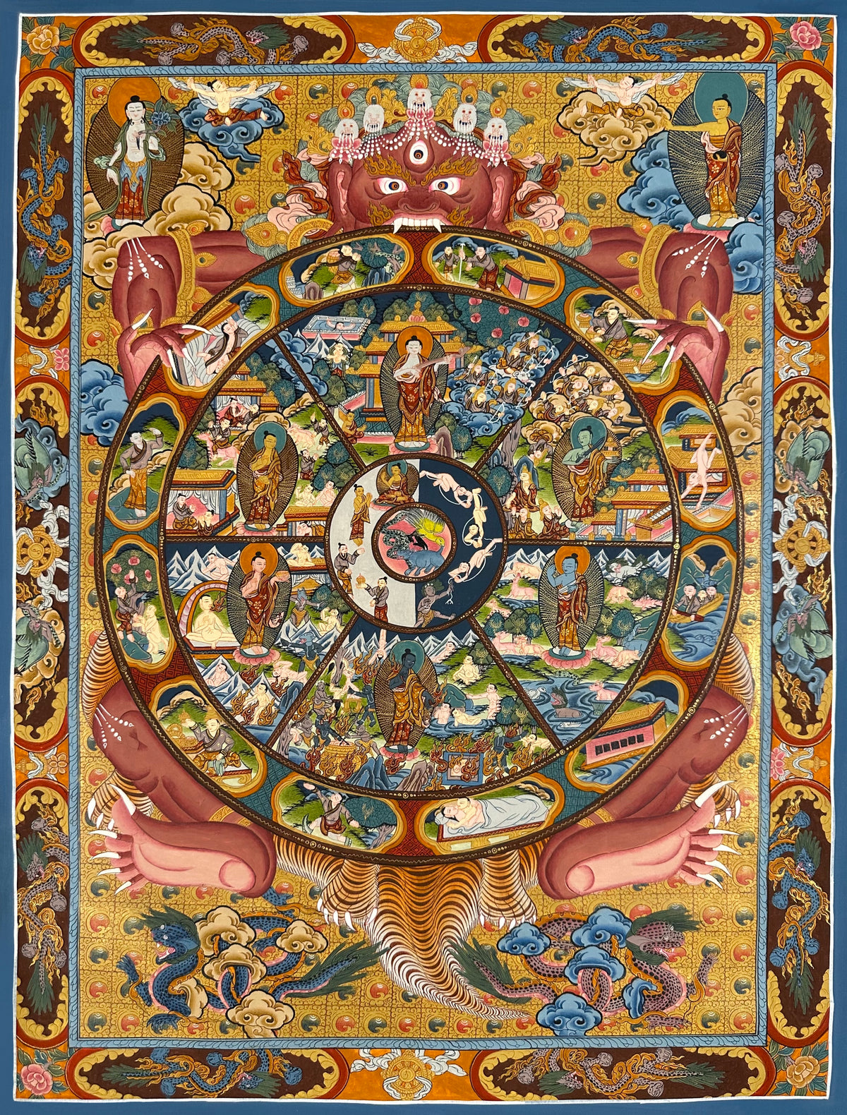 Wheel of Life thangka, 40×61 cm: red Yama holding the Wheel of Life on a gold-coloured ground, framed by a border of dragons