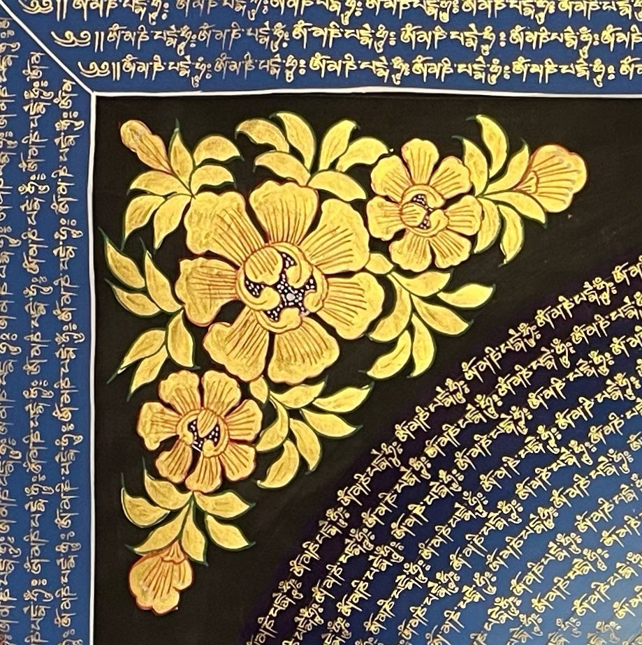 Jambhala Mantra Mandala thangka, detail: top-left corner