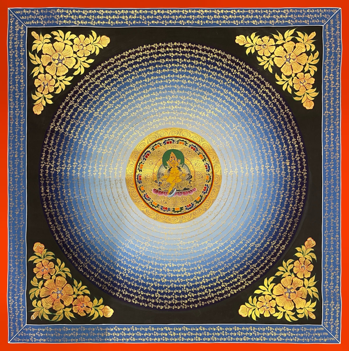 Jambhala Mantra Mandala thangka, 110×110 cm: yellow Jambhala at the centre of rings of gold-coloured mantra script on a blue disc