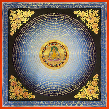 Jambhala Mantra Mandala thangka, 110×110 cm: yellow Jambhala at the centre of rings of gold-coloured mantra script on a blue disc