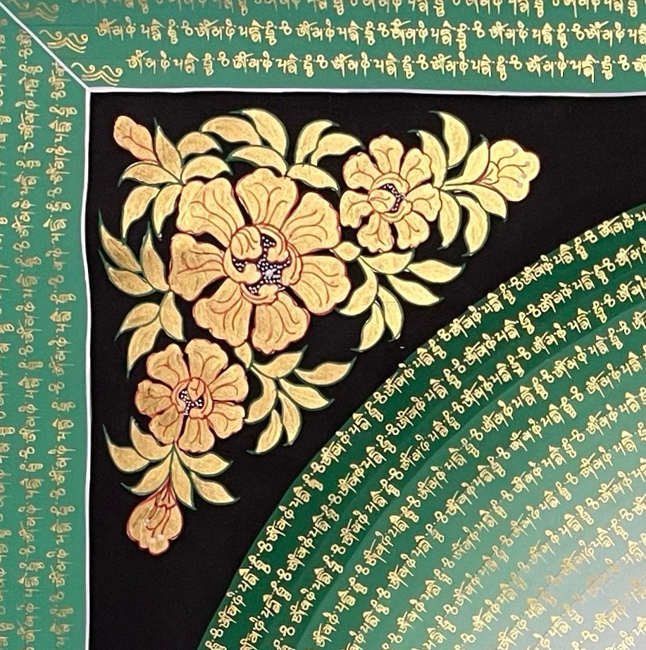 Jambhala Mantra Mandala thangka, detail: top-left corner
