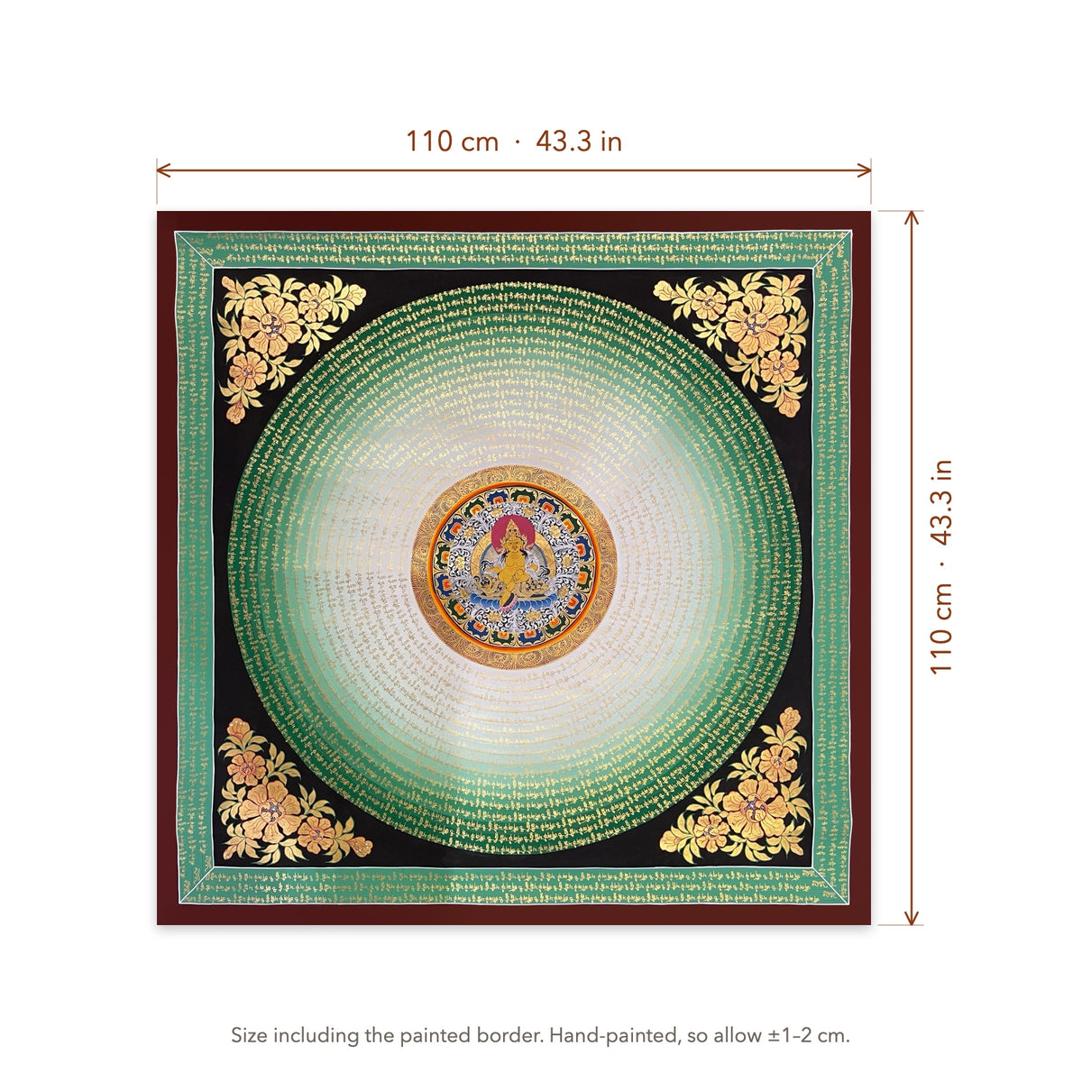 Size diagram: 110 × 110 cm (43.3 × 43.3 in), including the painted border