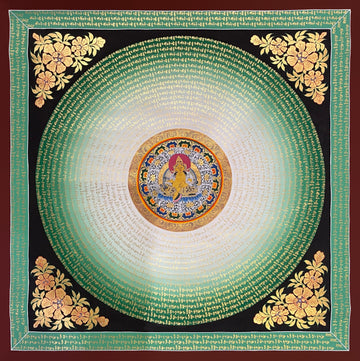 Jambhala Mantra Mandala thangka, 110×110 cm: yellow Jambhala at the centre of rings of gold-coloured mantra script shading from white to green