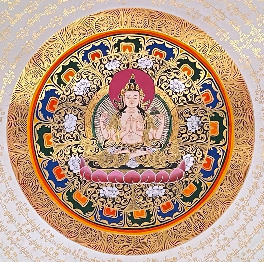 Chenrezig Mantra Mandala thangka, detail: centre