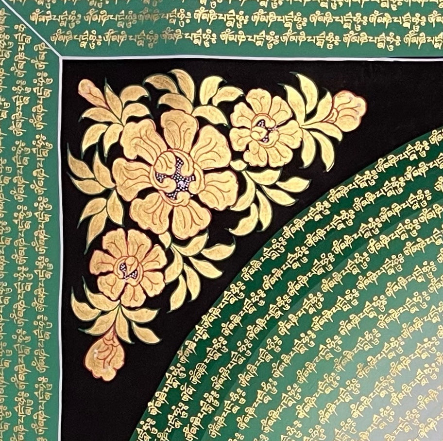 Chenrezig Mantra Mandala thangka, detail: top-left corner