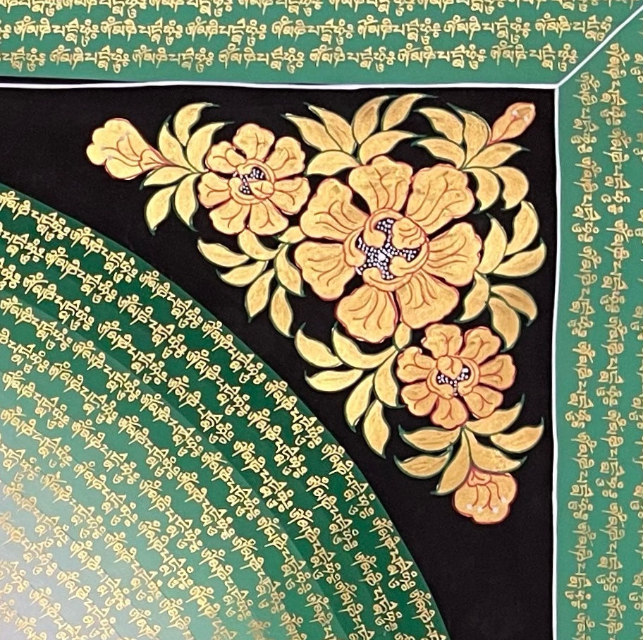 Chenrezig Mantra Mandala thangka, detail: top-right corner