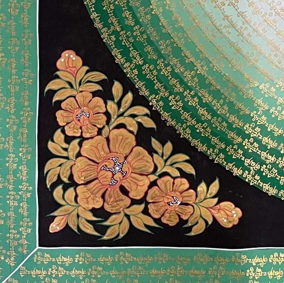 Chenrezig Mantra Mandala thangka, detail: bottom-left corner