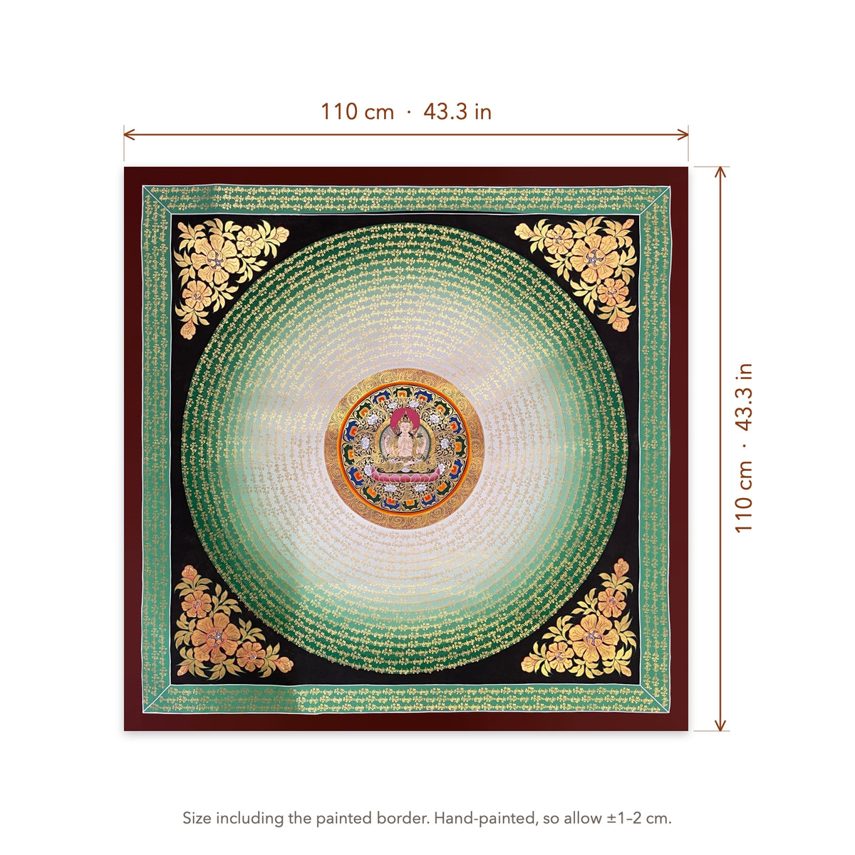 Size diagram: 110 × 110 cm (43.3 × 43.3 in), including the painted border
