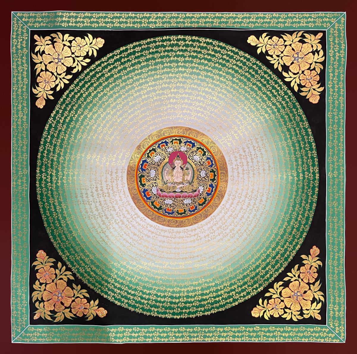 Chenrezig Mantra Mandala thangka, 110×110 cm: rings of gold-coloured mantra script on a white-to-green disc around four-armed Chenrezig