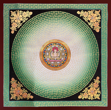 Chenrezig Mantra Mandala thangka, 110×110 cm: rings of gold-coloured mantra script on a white-to-green disc around four-armed Chenrezig