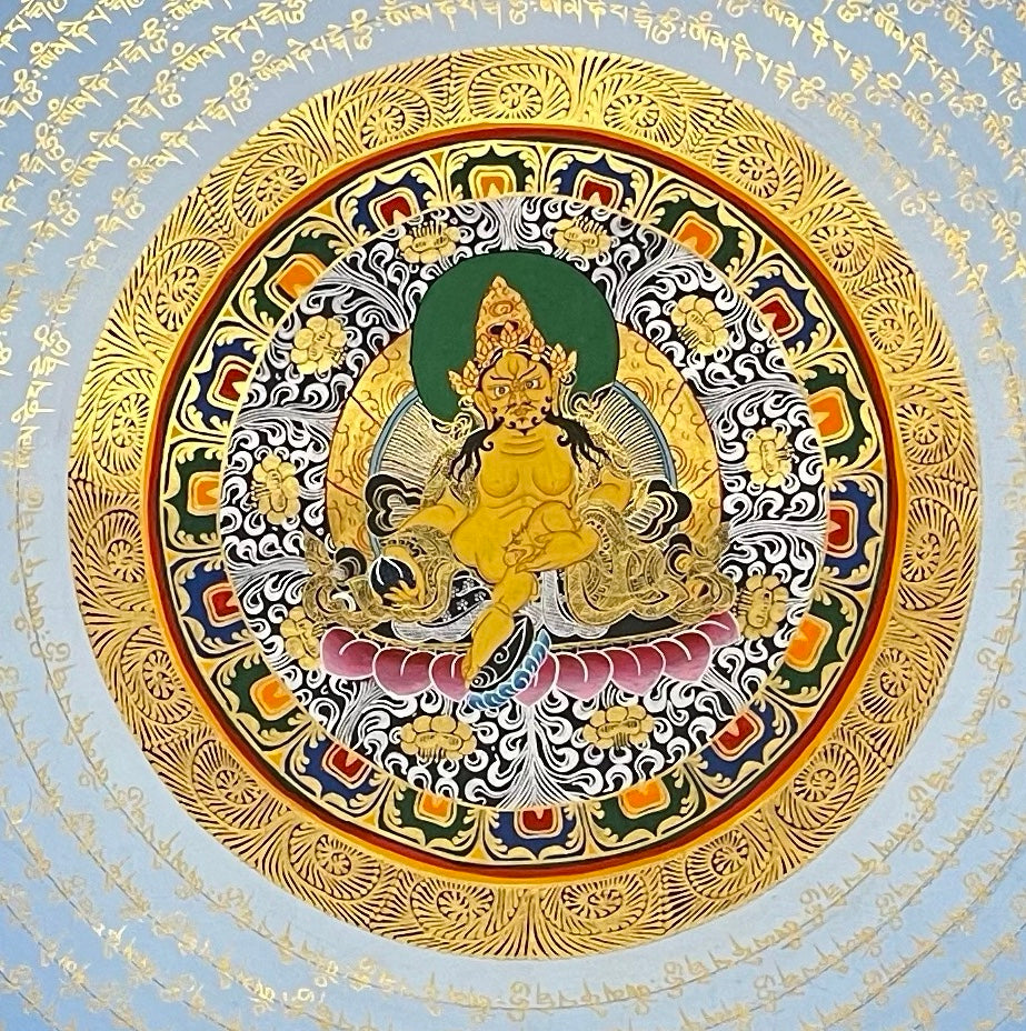 Mantra Mandala thangka, 110×110 cm: rings of gold-coloured mantra script on a blue disc around Jambhala at the centre