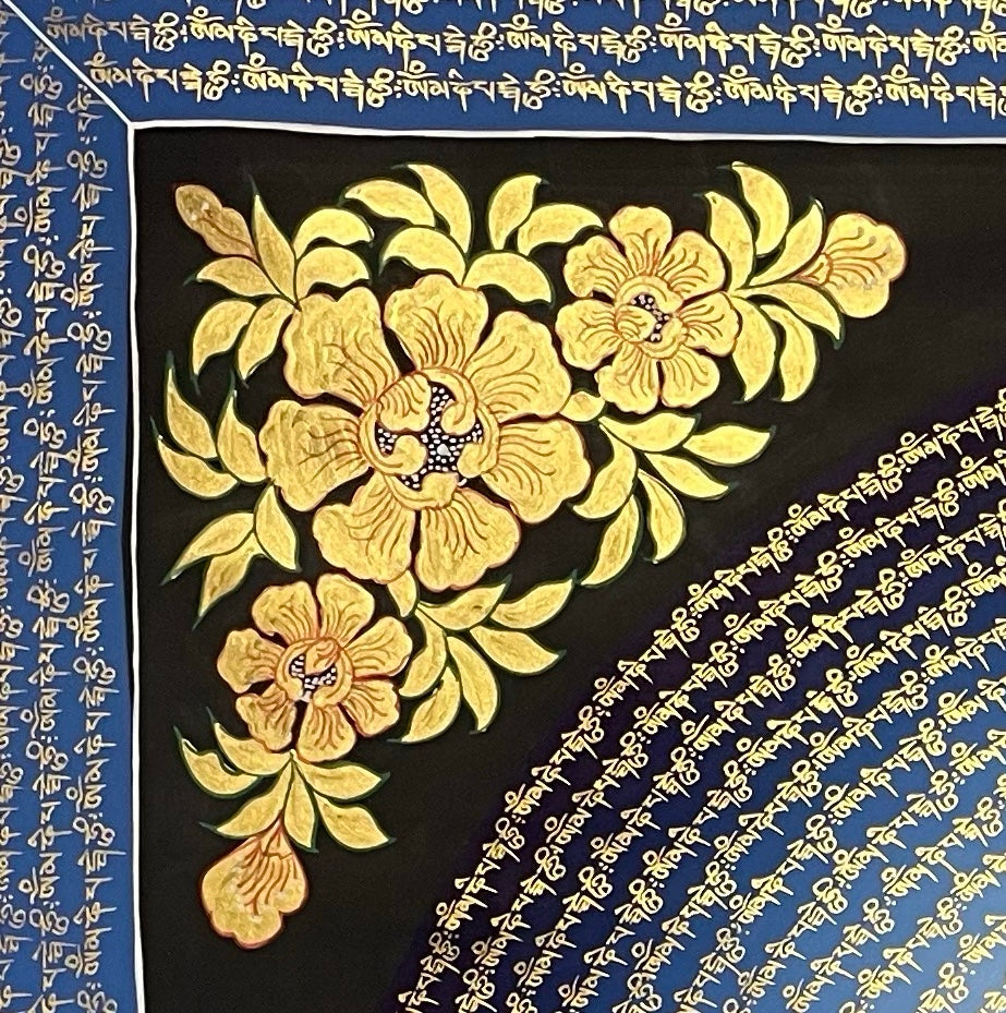 Mantra Mandala thangka, detail: top-left corner