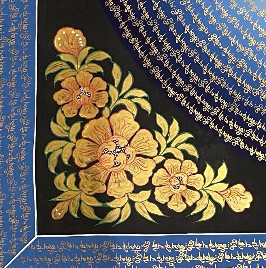 Mantra Mandala thangka, detail: bottom-left corner