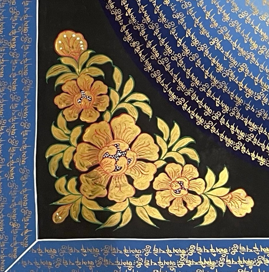 Jambhala Mantra Mandala thangka, detail: bottom-left corner