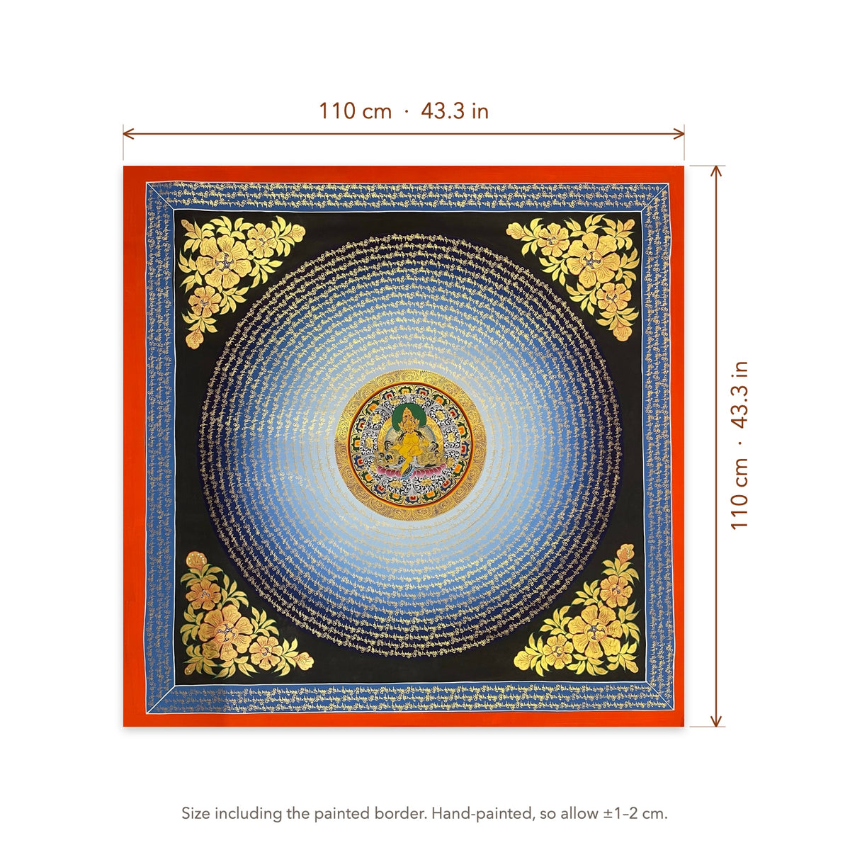 Size diagram: 110 × 110 cm (43.3 × 43.3 in), including the painted border
