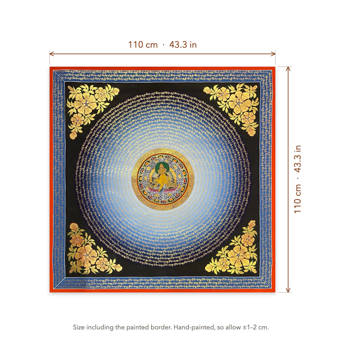 Size diagram: 110 × 110 cm (43.3 × 43.3 in), including the painted border