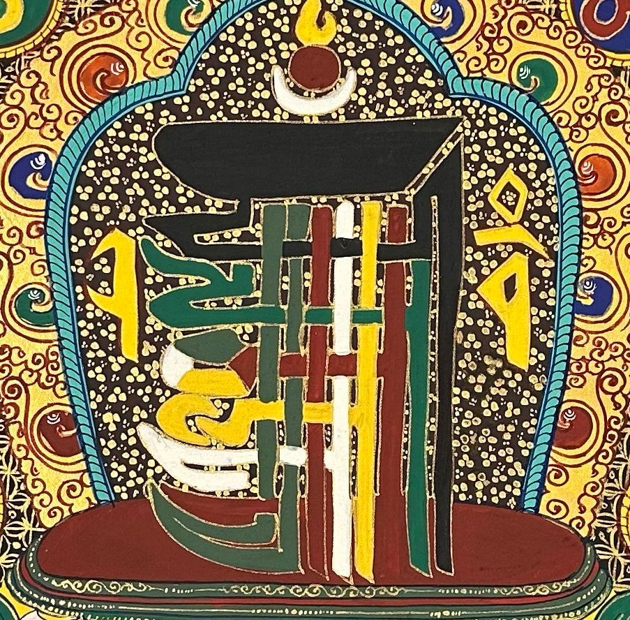 Kalachakra Monogram Mandala thangka, 55×55 cm: the Kalachakra ten-syllable monogram at the centre of rings of syllables and auspicious symbols