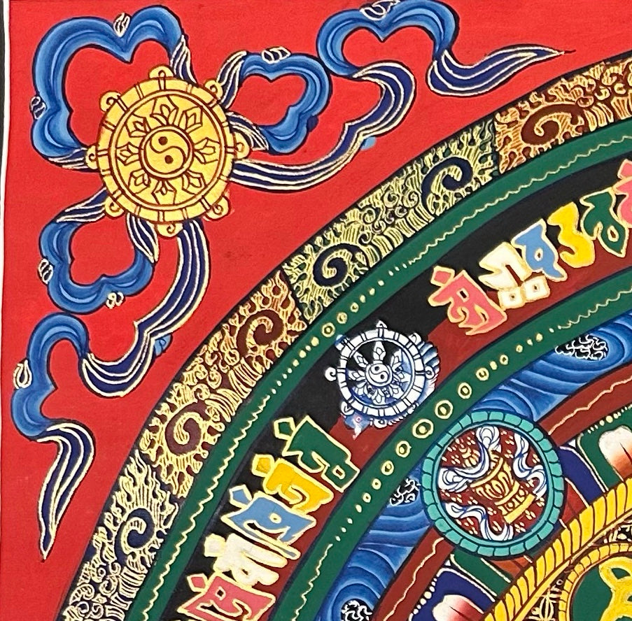 Kalachakra Monogram Mandala thangka, detail: top-left corner