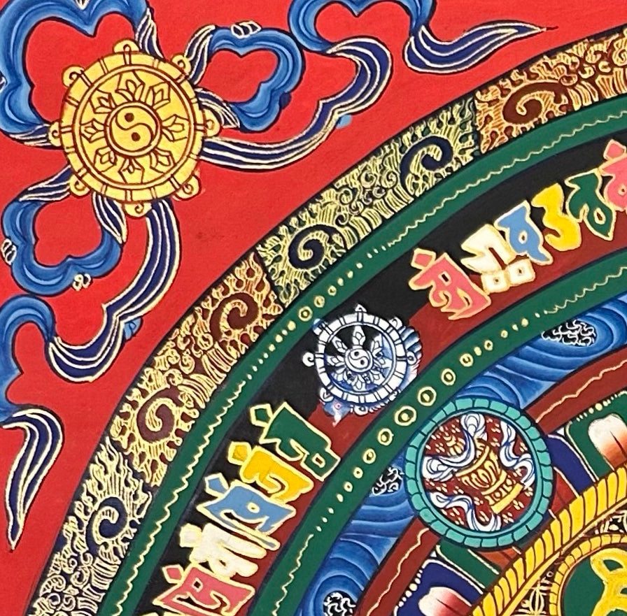 Kalachakra Monogram Mandala thangka, detail: top-left corner