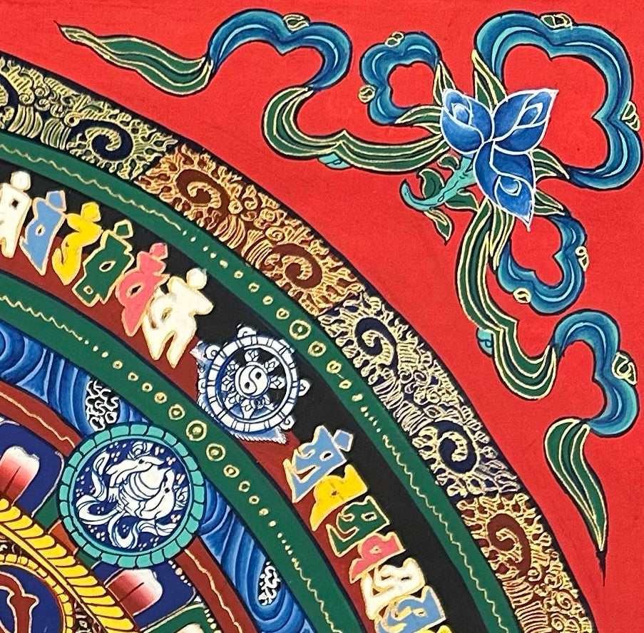 Kalachakra Monogram Mandala thangka, detail: top-right corner