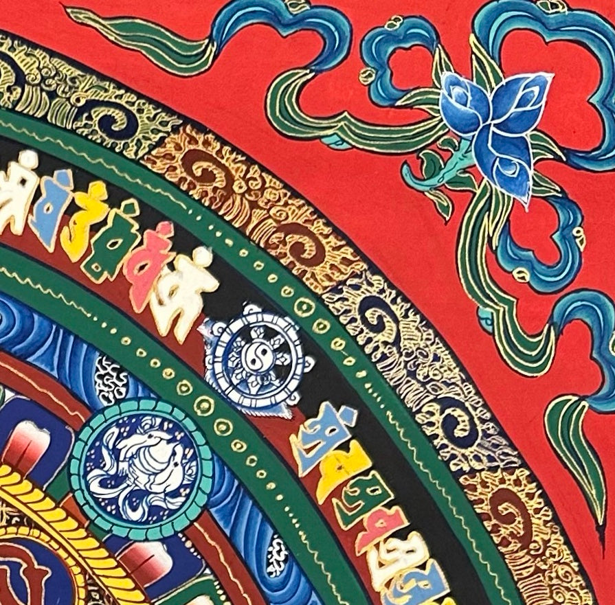 Kalachakra Monogram Mandala thangka, detail: top-right corner