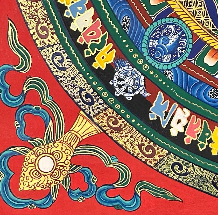 Kalachakra Monogram Mandala thangka, detail: bottom-left corner