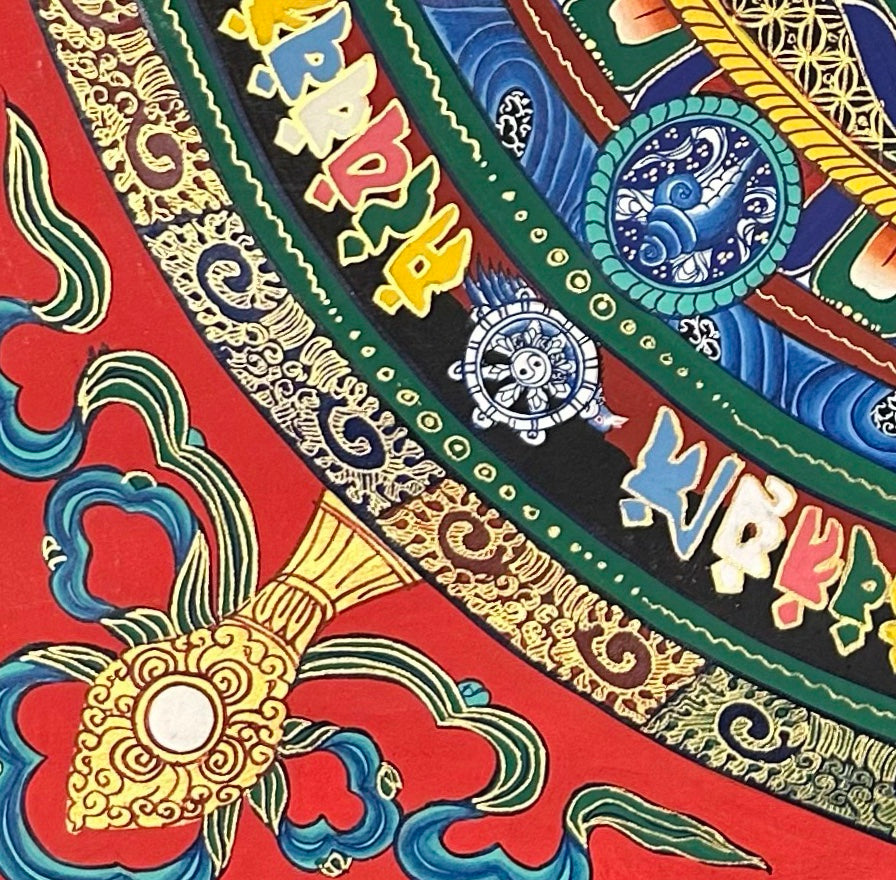 Kalachakra Monogram Mandala thangka, detail: bottom-left corner
