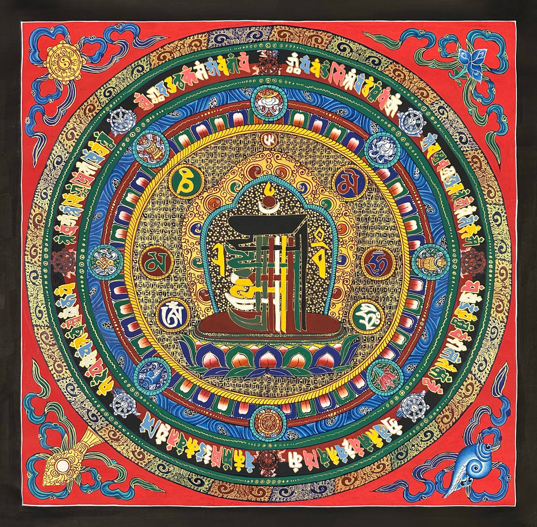 Kalachakra Monogram Mandala thangka, 55×55 cm: the Kalachakra ten-syllable monogram at the centre of rings of syllables and auspicious symbols