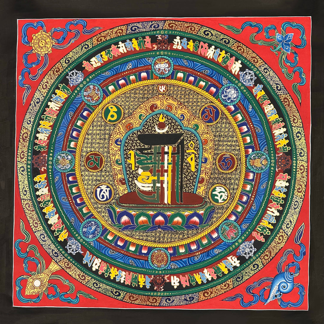 Kalachakra Monogram Mandala thangka, 55×55 cm: the Kalachakra ten-syllable monogram at the centre of rings of syllables and auspicious symbols