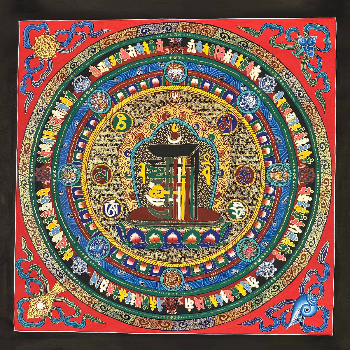 Kalachakra Monogram Mandala thangka, 55×55 cm: the Kalachakra ten-syllable monogram at the centre of rings of syllables and auspicious symbols