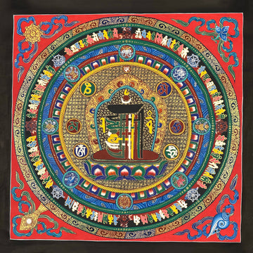 Kalachakra Monogram Mandala thangka, 55×55 cm: the Kalachakra ten-syllable monogram at the centre of rings of syllables and auspicious symbols