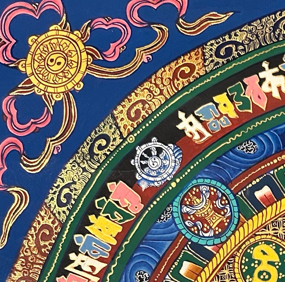 Kalachakra Monogram Mandala thangka, detail: top-left corner