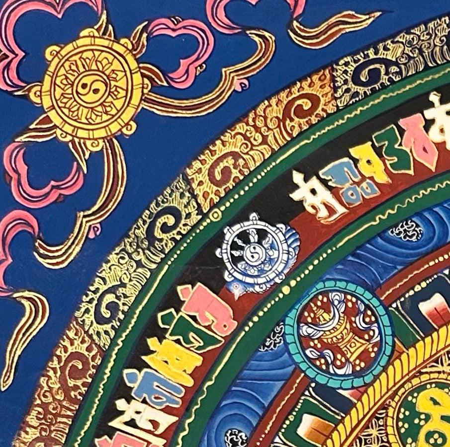 Kalachakra Monogram Mandala thangka, detail: top-left corner