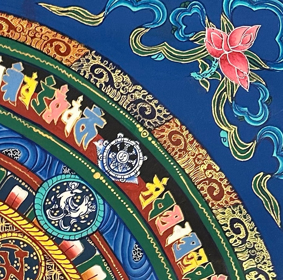 Kalachakra Monogram Mandala thangka, detail: top-right corner