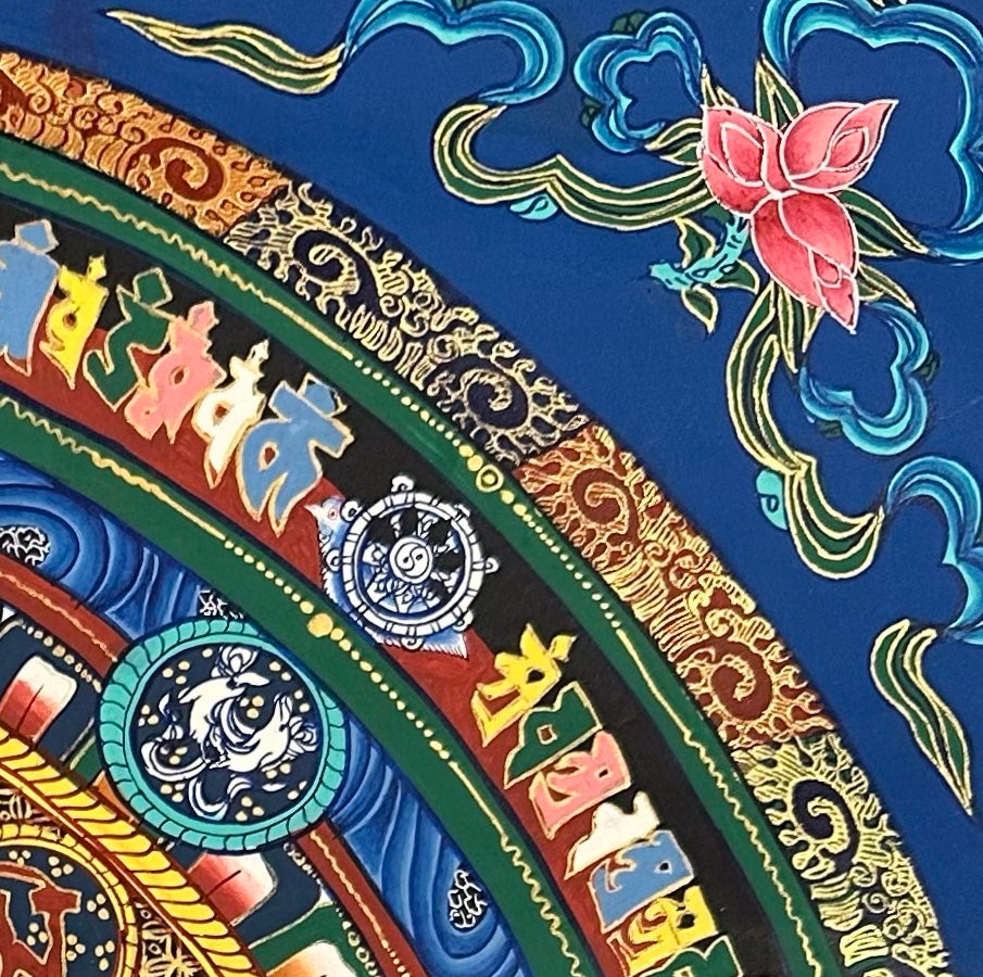 Kalachakra Monogram Mandala thangka, detail: top-right corner