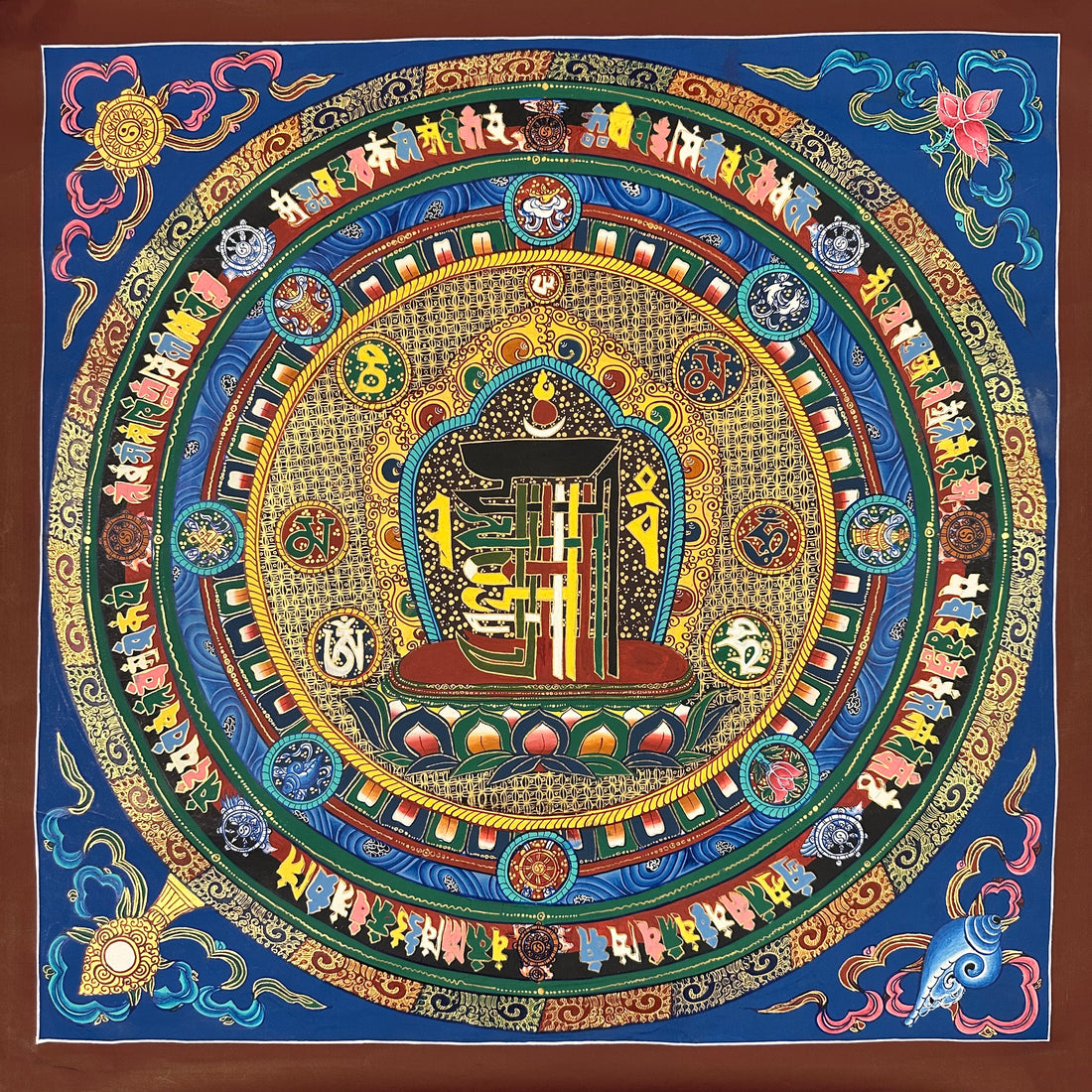 Kalachakra Monogram Mandala thangka, 55×55 cm: the Kalachakra ten-syllable monogram at the centre of rings of syllables and auspicious symbols