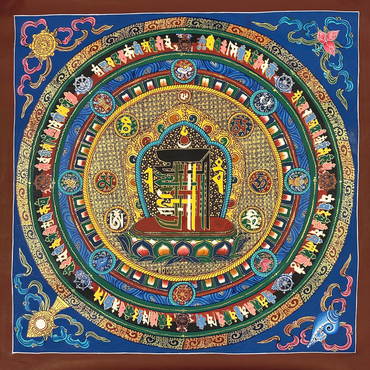 Kalachakra Monogram Mandala thangka, 55×55 cm: the Kalachakra ten-syllable monogram at the centre of rings of syllables and auspicious symbols
