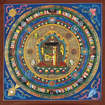 Kalachakra Monogram Mandala thangka, 55×55 cm: the Kalachakra ten-syllable monogram at the centre of rings of syllables and auspicious symbols
