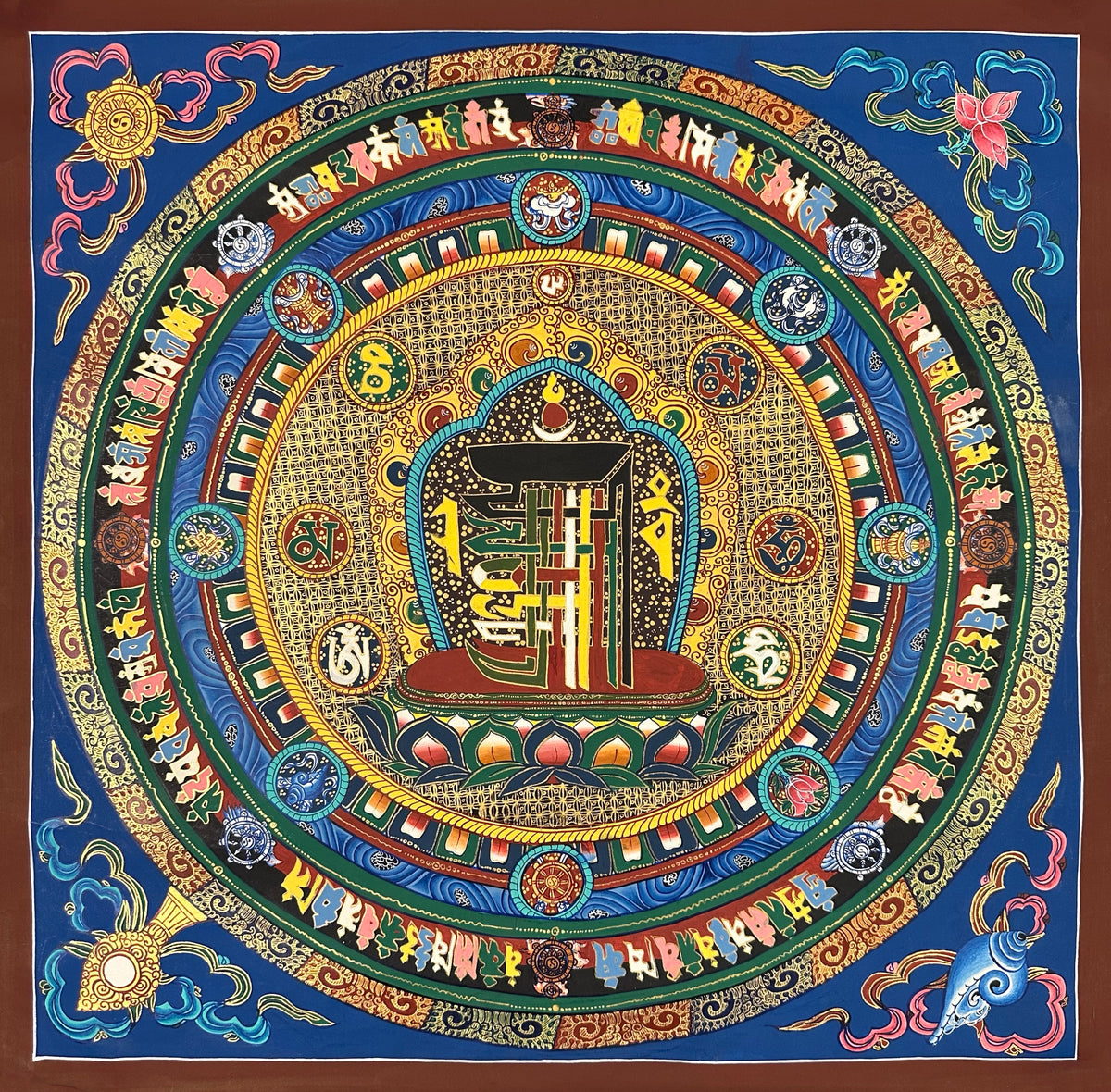 Kalachakra Monogram Mandala thangka, 55×55 cm: the Kalachakra ten-syllable monogram at the centre of rings of syllables and auspicious symbols