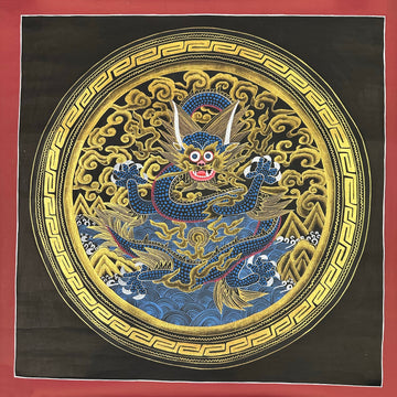 Dragon Mandala thangka, 55×55 cm: a blue dragon reaching for a flaming pearl in gold-coloured clouds, inside a key-pattern circle on black