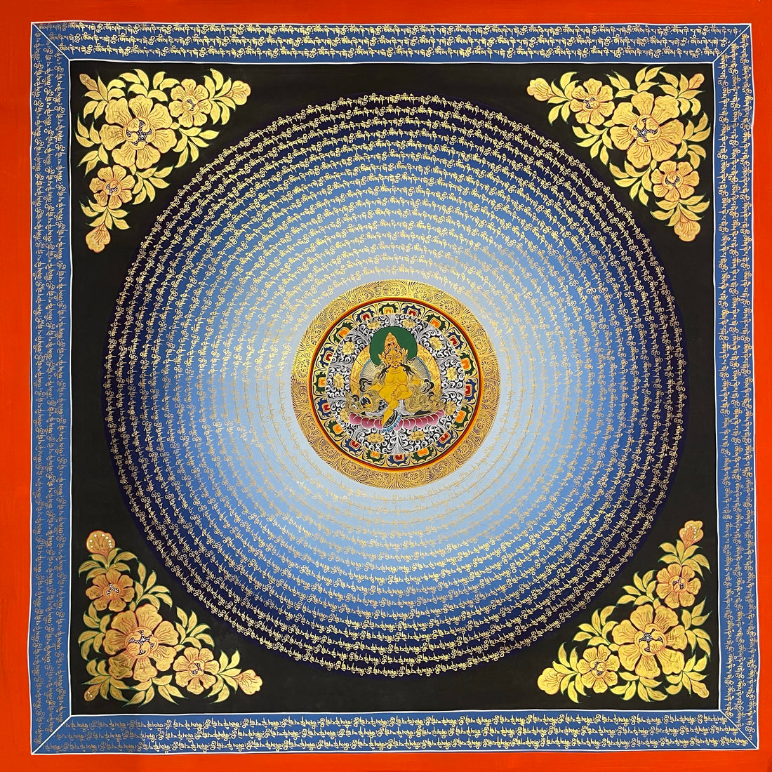 Mantra Mandala thangka, 110×110 cm: rings of gold-coloured mantra script on a blue disc around Jambhala at the centre
