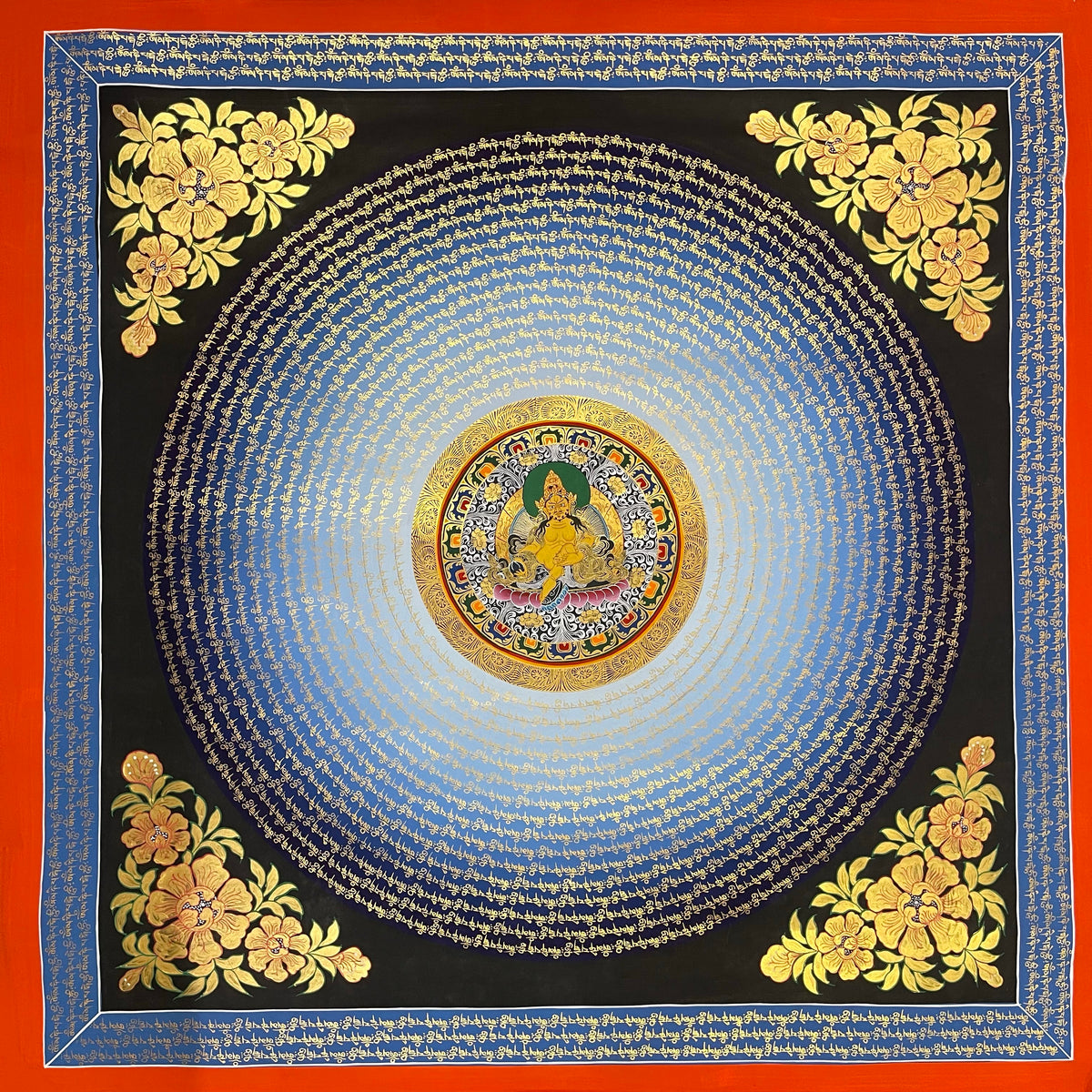 Mantra Mandala thangka, 110×110 cm: rings of gold-coloured mantra script on a blue disc around Jambhala at the centre