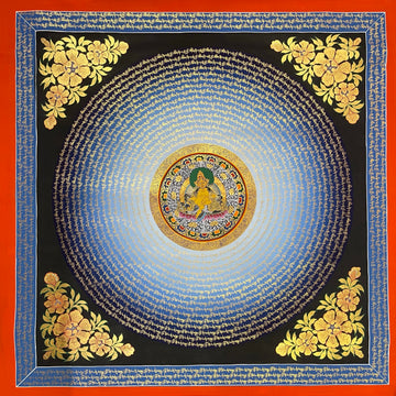 Mantra Mandala thangka, 110×110 cm: rings of gold-coloured mantra script on a blue disc around Jambhala at the centre