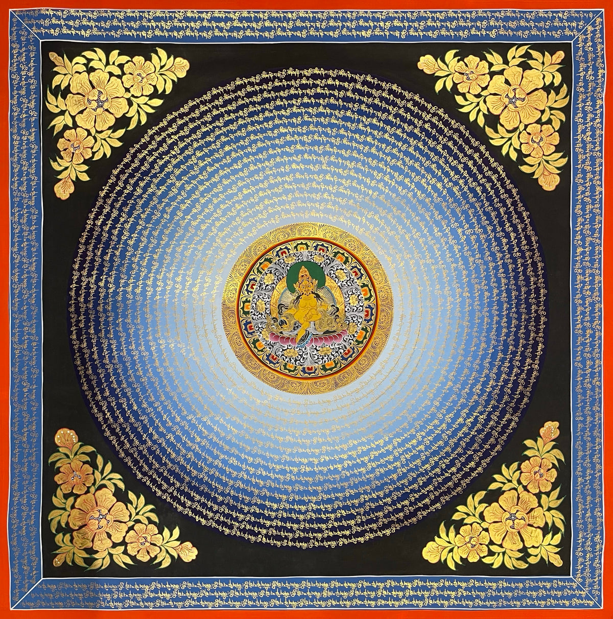 Jambhala Mantra Mandala thangka, 110×110 cm: rings of gold-coloured mantra script on a blue disc around Jambhala at the centre